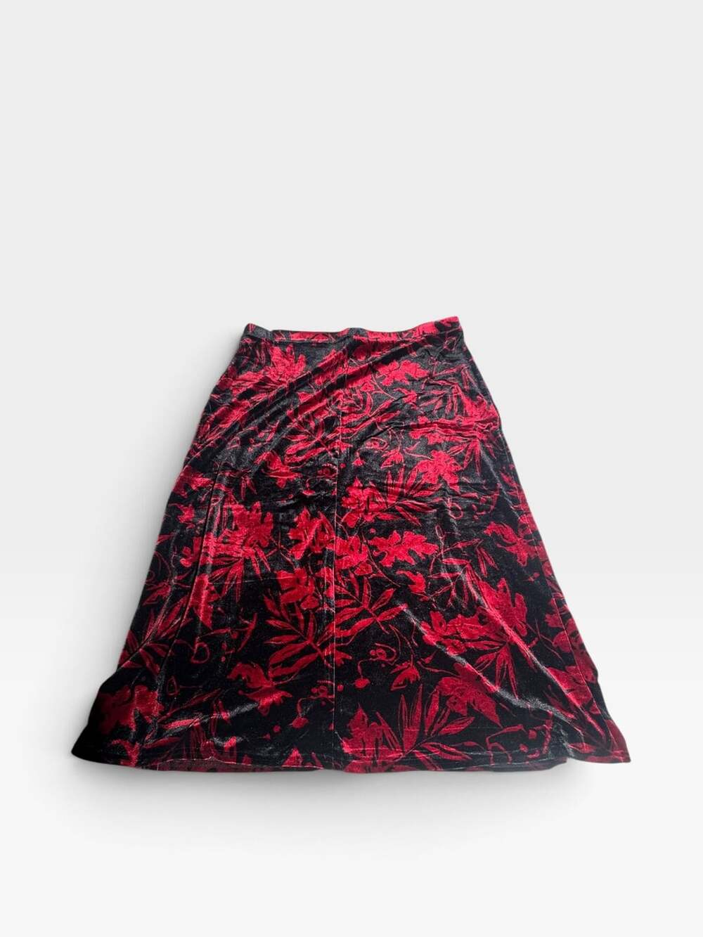 Vintage 90s Kathie Lee Velvet Floral Maxi Skirt XL Red Black Stretch Grunge